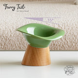 Ceramic Pet Cat Dog Bowl High Foot Anti-slip Tilted Wooden Base
