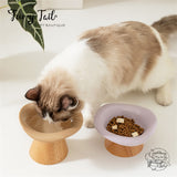 Ceramic Pet Cat Dog Bowl High Foot Anti-slip Tilted Wooden Base