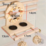 Pet Bird Parrot Toy Wood Stand Perch with Mirror/Food Bowl