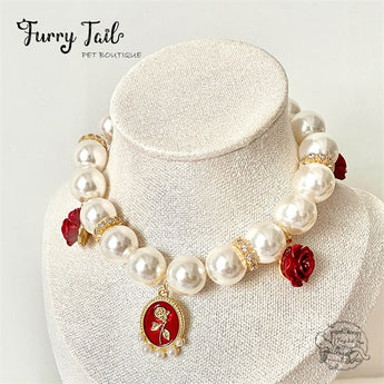 Red Rose Gold-Plated Brass Pearl Jewelry Necklace For Small Dog Large Dog Cat Small Pet