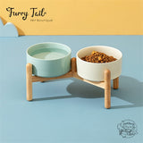 Green Ceramic Pet Big Dog Cat Bowl with Wooden Rack