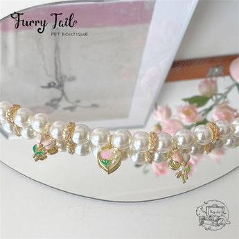Pink Tulips Gold-Plated Pearl Jewelry Dog Cat Small Pet Necklace