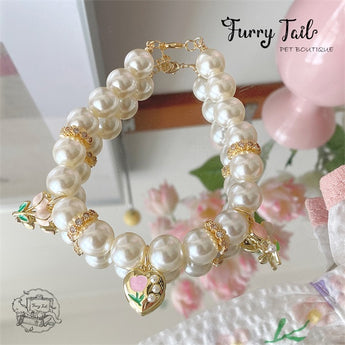 Pink Tulips Gold-Plated Pearl Jewelry Dog Cat Small Pet Necklace