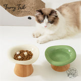 Ceramic Pet Cat Dog Bowl High Foot Anti-slip Tilted Wooden Base