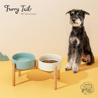 Green Ceramic Pet Big Dog Cat Bowl with Wooden Rack