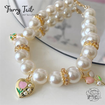 Pink Tulips Gold-Plated Pearl Jewelry Dog Cat Small Pet Necklace