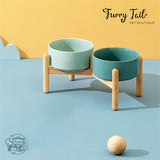 Green Ceramic Pet Big Dog Cat Bowl with Wooden Rack