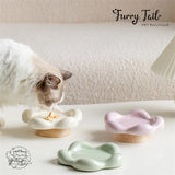 Floral Ceramic Pet Cat Dog Food Bowl Non-Slip Low Foot Wooden Stand