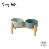 Green Ceramic Pet Big Dog Cat Bowl with Wooden Rack