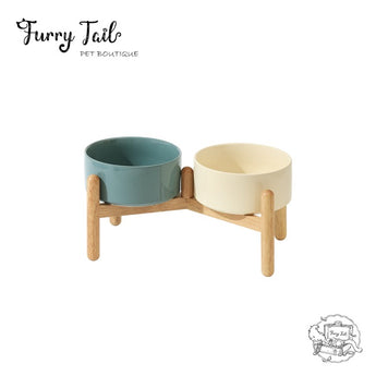 Green Ceramic Pet Big Dog Cat Bowl with Wooden Rack