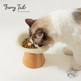 Ceramic Pet Cat Dog Bowl High Foot Anti-slip Tilted Wooden Base