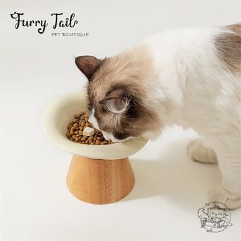 Ceramic Pet Cat Dog Bowl High Foot Anti-slip Tilted Wooden Base