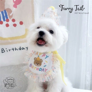 Mini Bear Pet Dog Cat Birthday Bandana Outfit Bib Set With Party Hat