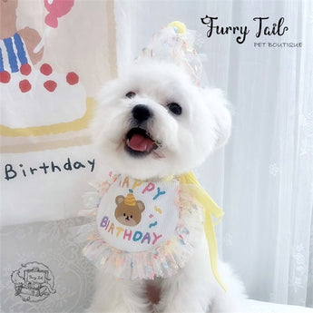 Mini Bear Pet Dog Cat Birthday Bandana Outfit Bib Set With Party Hat