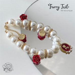 Red Rose Gold-Plated Brass Pearl Jewelry Necklace For Small Dog Large Dog Cat Small Pet