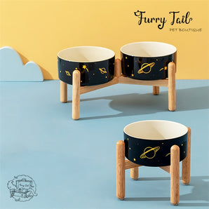 Universe Black Pet Dog Cat Ceramic Double Bowl Wooden Rack