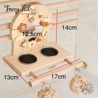 Pet Bird Parrot Toy Wood Stand Perch with Mirror/Food Bowl