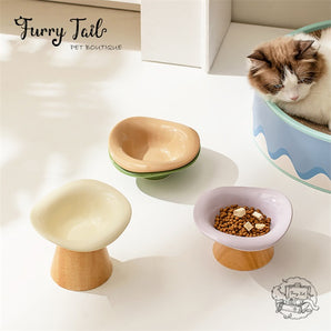 Ceramic Pet Cat Dog Bowl High Foot Anti-slip Tilted Wooden Base