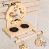 Pet Bird Parrot Toy Wood Stand Perch with Mirror/Food Bowl