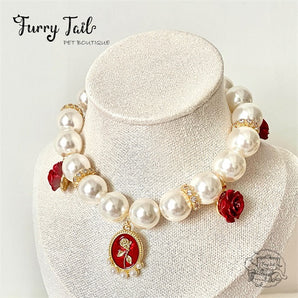 Red Rose Gold-Plated Brass Pearl Jewelry Necklace For Small Dog Large Dog Cat Small Pet