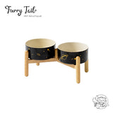 Universe Black Pet Dog Cat Ceramic Double Bowl Wooden Rack