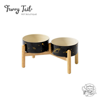 Universe Black Pet Dog Cat Ceramic Double Bowl Wooden Rack