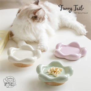 Floral Ceramic Pet Cat Dog Food Bowl Non-Slip Low Foot Wooden Stand