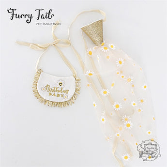 Golden Daisy HBD Dog Cat Birthday Bandana Outfit Bib Set Party Hat