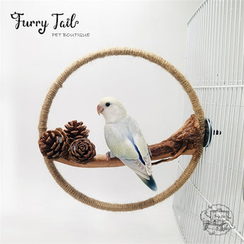 Flower Moon Bird Parrot Rope Wood Stand Ring Toy With Pine Cone