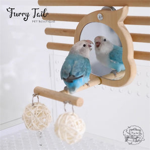 Pet Bird Parrot Toy Wood Stand Perch with Mirror/Food Bowl