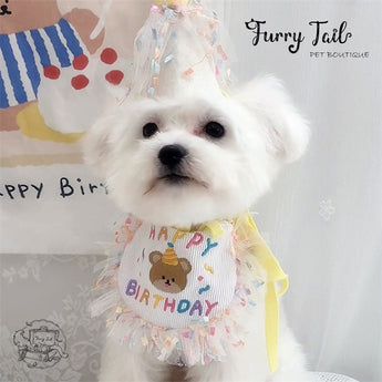 Mini Bear Pet Dog Cat Birthday Bandana Outfit Bib Set With Party Hat