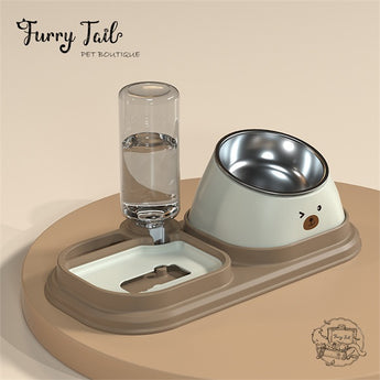 Pet Dog Cat Stainless Double Food Bowl Water Dispenser Slow Feeder