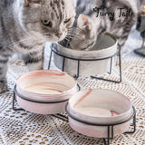 Marbled Pattern Pet Dog Cat Ceramic Bowl with Iron Rack
