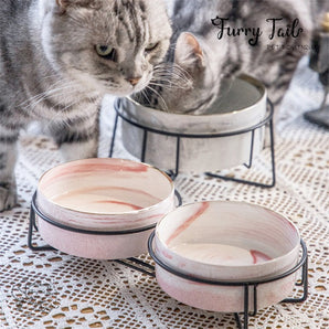 Marbled Pattern Pet Dog Cat Ceramic Bowl with Iron Rack