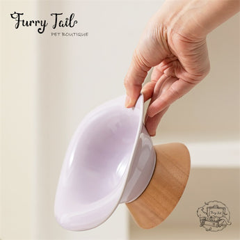 Ceramic Pet Cat Dog Bowl High Foot Anti-slip Tilted Wooden Base