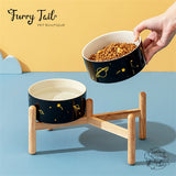 Universe Black Pet Dog Cat Ceramic Double Bowl Wooden Rack