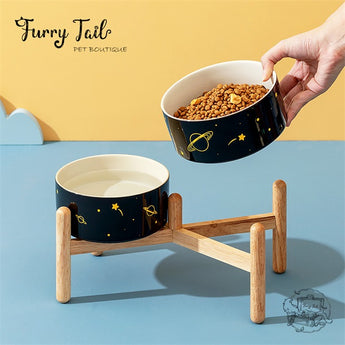 Universe Black Pet Dog Cat Ceramic Double Bowl Wooden Rack
