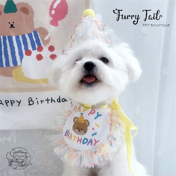 Mini Bear Pet Dog Cat Birthday Bandana Outfit Bib Set With Party Hat