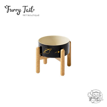 Universe Black Pet Dog Cat Ceramic Double Bowl Wooden Rack