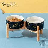 Universe Black Pet Dog Cat Ceramic Double Bowl Wooden Rack
