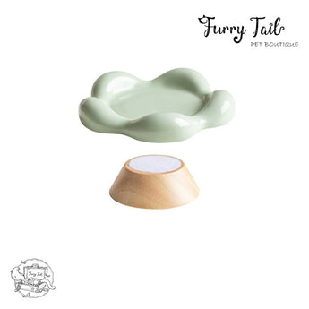 Floral Ceramic Pet Cat Dog Food Bowl Non-Slip Low Foot Wooden Stand