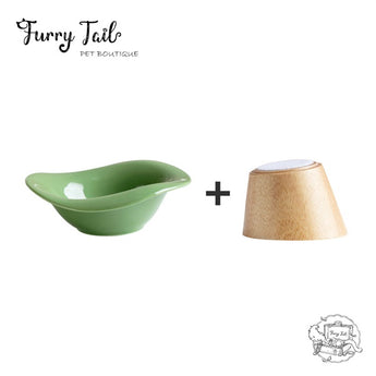 Ceramic Pet Cat Dog Bowl High Foot Anti-slip Tilted Wooden Base
